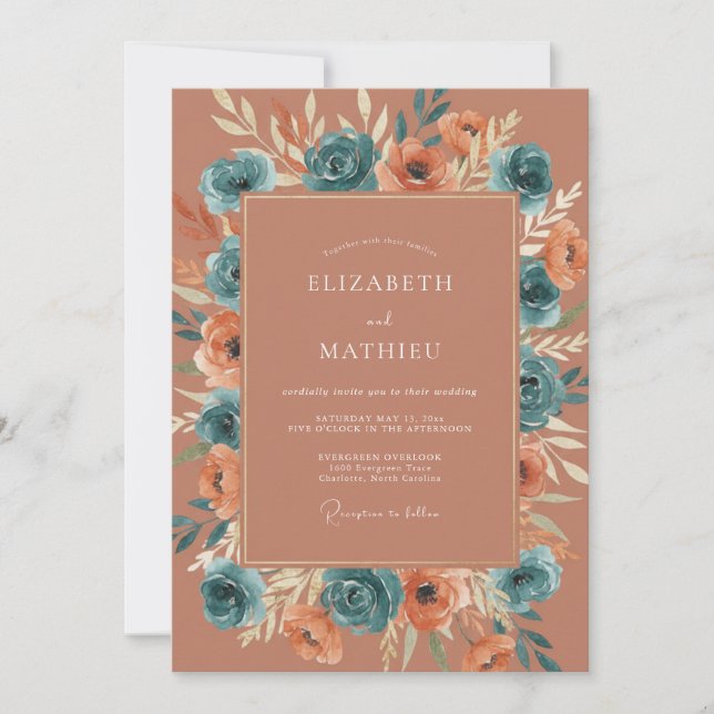 Terracotta Blue Floral Romance Wedding Invitation (Front)