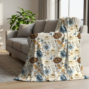 Terracotta Blue Flowers Opulent Bohemian Style Sherpa Blanket