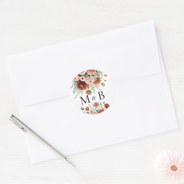 Terracotta Blush Flowers Greenery Letter Initials Classic Round Sticker (Envelope)