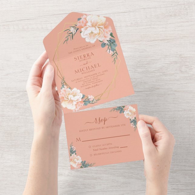 Terracotta Blush Gold Peach Cream Floral Wedding All In One Invitation (Tearaway)