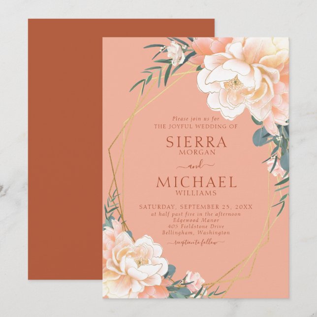Terracotta Blush Peach Cream Gold Floral Wedding Invitation (Front/Back)