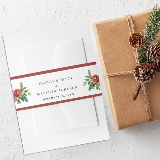 Terracotta Blush Pink Floral Pine Winter Wedding Invitation Belly Band (Creator Uploaded)