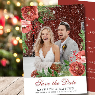 Terracotta Blush Pink Floral Pine Winter Wedding Save The Date