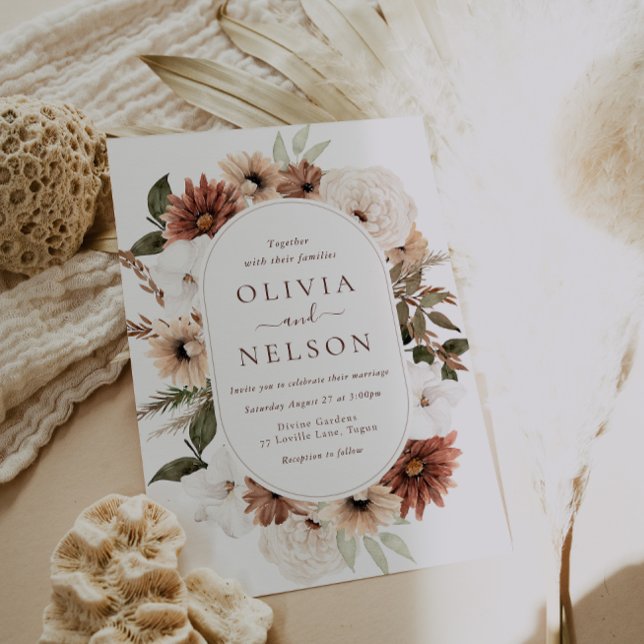 Terracotta Bohemian Floral Wreath Frame Wedding Invitation (Creator Uploaded)