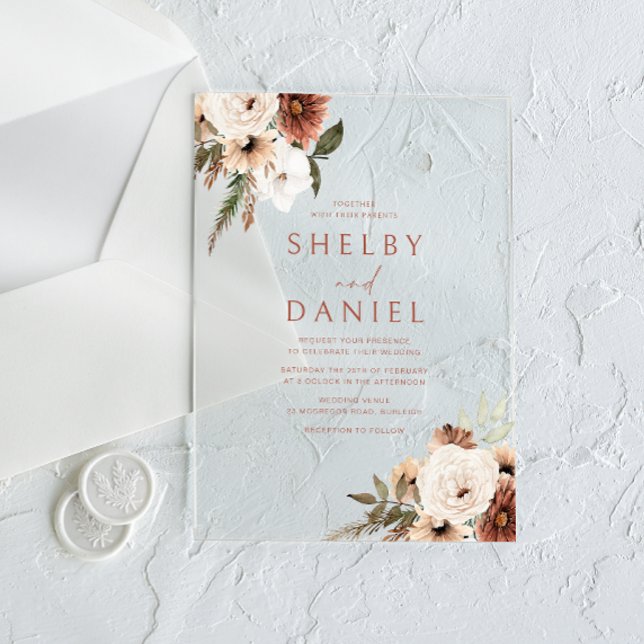 Terracotta Bohemian Flowers All Seasons Wedding Acrylic Invitations (Creator Uploaded)