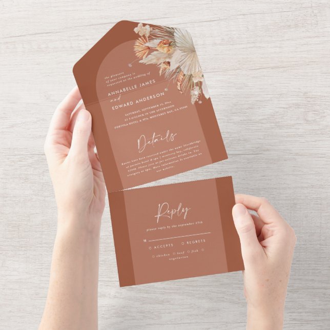terracotta bohemian pampas grass wedding all in one invitation (Tearaway)