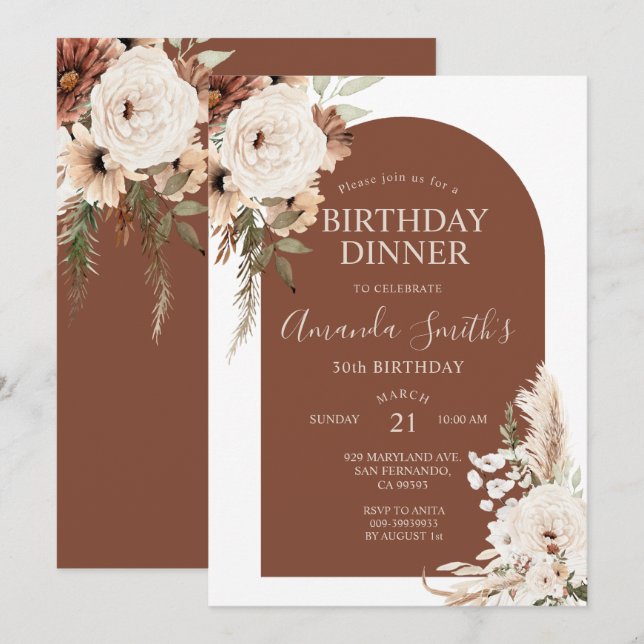 Terracotta Boho Arch Floral Birthday 30th Dinner Invitation (Front/Back)