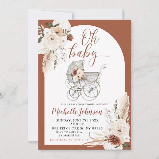 Terracotta Boho Arch Floral Stroller Baby Shower Invitation (Front)