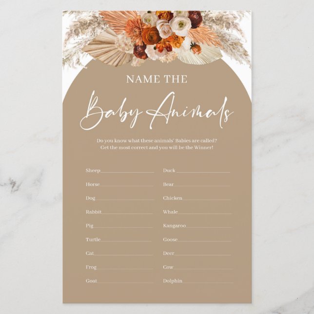 Terracotta boho arch name the baby animals game (Front)