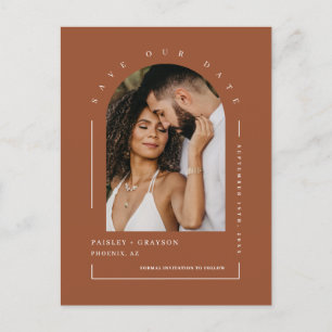 Terracotta Boho Arch Photo QR Code Save Our Date Postcard