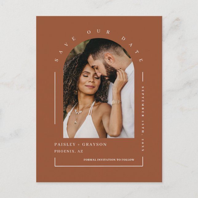 Terracotta Boho Arch Photo QR Code Save Our Date Postcard (Front)