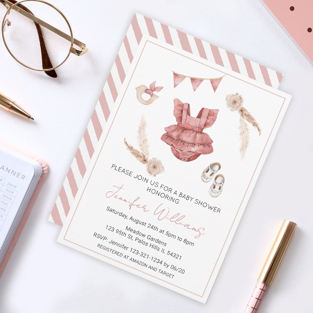 Terracotta boho baby girl clothes shower invitation (Creator Uploaded)