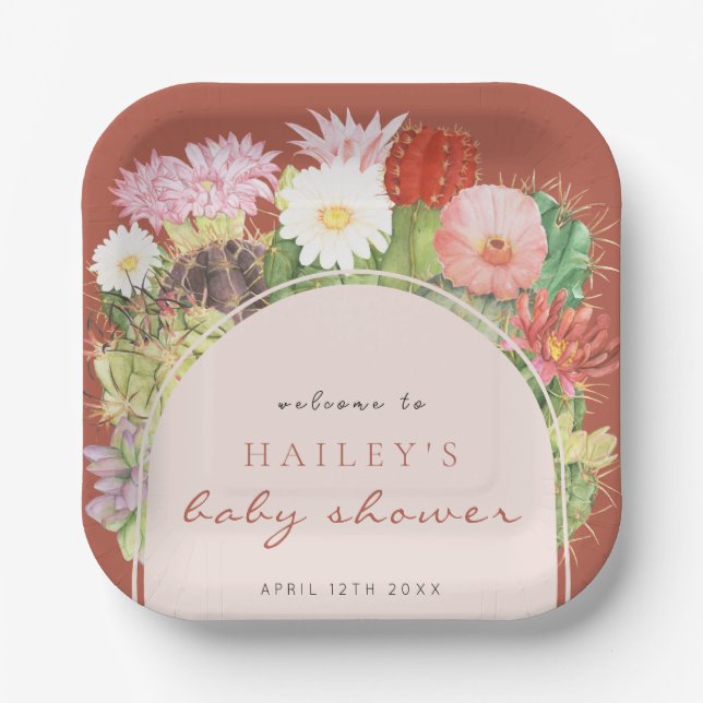 Terracotta Boho Bloom Cactus Baby Shower Paper Plate (Front)