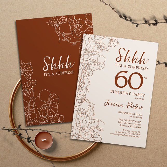 Terracotta Boho Botanical Surprise 60th Birthday Invitation (Creator Uploaded)