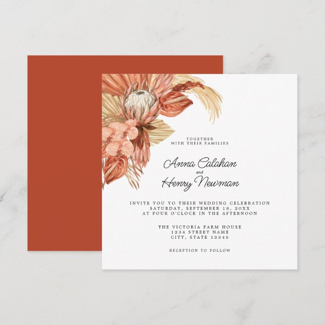 Terracotta Boho Dried Floral Pampas Wedding Invitation (Front/Back)