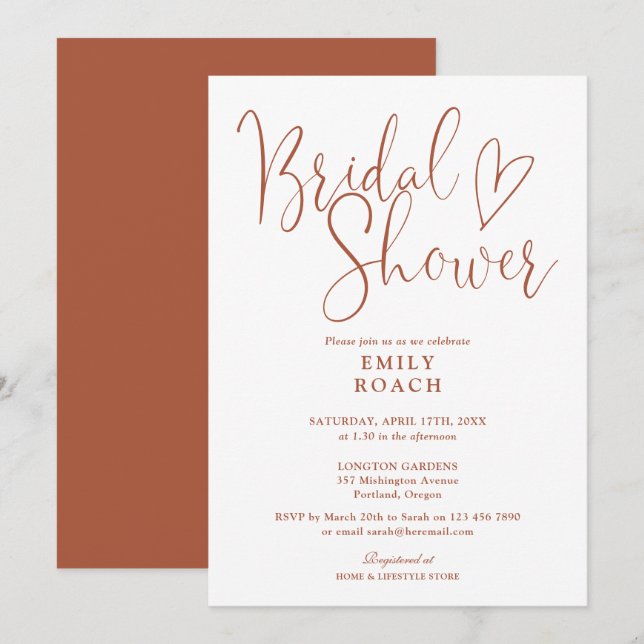 Terracotta Boho Elegant Script Bridal Shower Invitation (Front/Back)