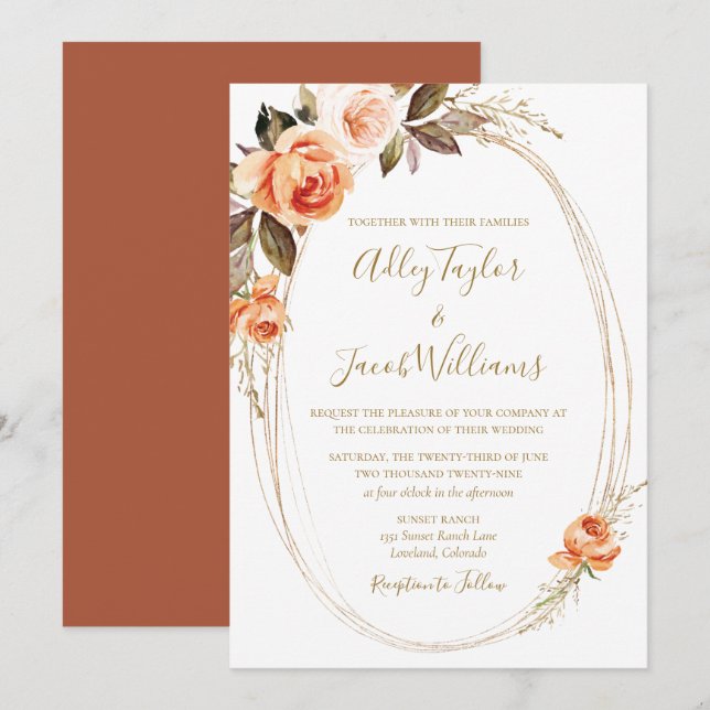 Terracotta Boho Fall Floral Burnt Orange Wedding Invitation (Front/Back)