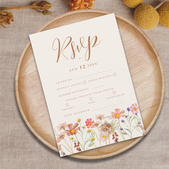 Terracotta Boho Fall Floral Meal Options RSVP Card (Boho wildflower fall wedding rsvp card terracotta burnt orange beige brown autumn watercolor florals)