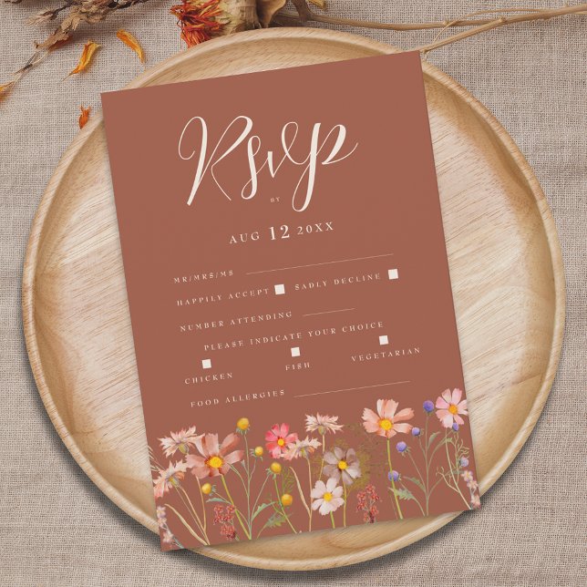 Terracotta Boho Fall Floral Meal Options Wedding RSVP Card (Wildflower boho fall floral terracotta rust orange beige wedding RSVP card elegant whimsical script)