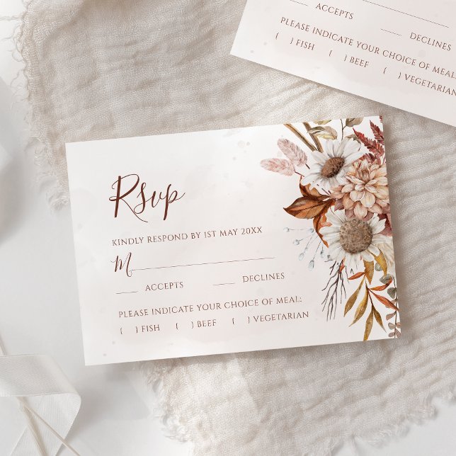 Terracotta Boho Fall Floral Meal Options Wedding RSVP Card (Creator Uploaded)