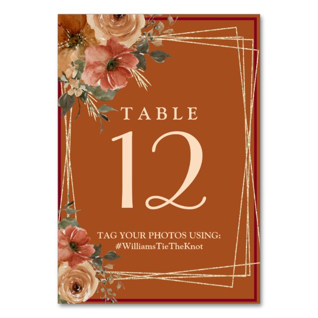 Terracotta Boho Fall Floral Watercolor  Table Number (Front)