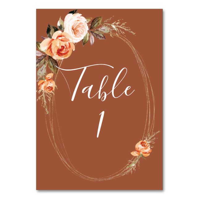 Terracotta Boho Fall Floral Wedding Table Number (Front)