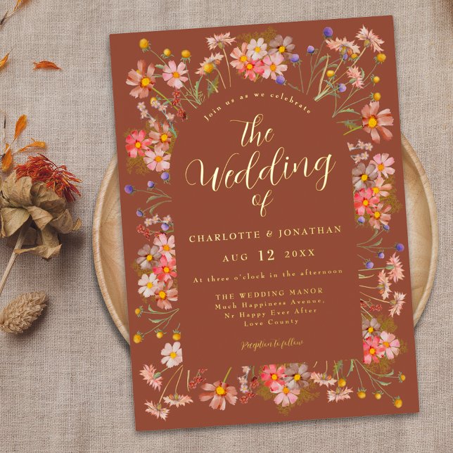Terracotta Boho Floral Arch Fall Wedding Gold (Burnt orange terracotta boho floral arch fall elegant gold foil script wedding invitation)