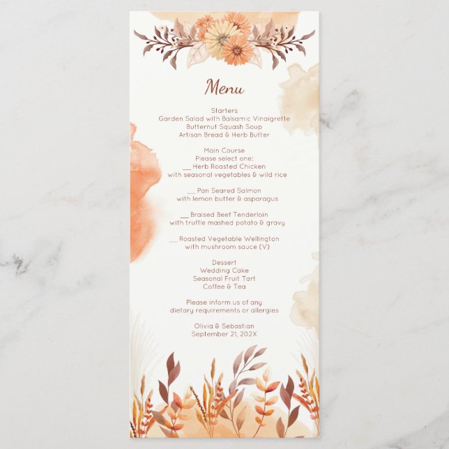 Terracotta Boho Floral Autumn Rustic Elegant Menu (Front)