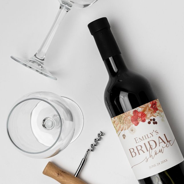 Terracotta Boho Floral Bridal Shower Wine Label (Creator Uploaded)