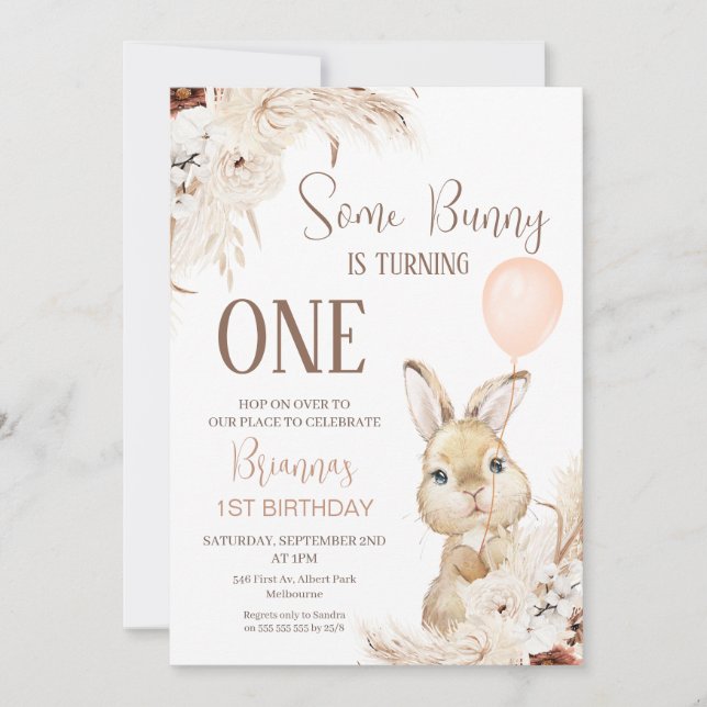 Terracotta Boho Floral Bunny Balloon 1st Birthday Invitation (Front)