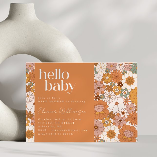 Terracotta Boho Floral Cute Hello Baby Shower Invitation (Creator Uploaded)