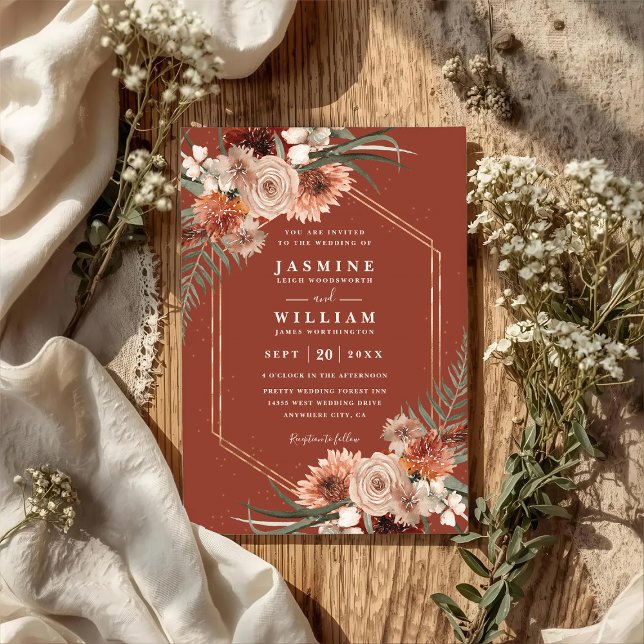 Terracotta Boho Floral Elegant QR Code Wedding Invitation (Creator Uploaded)