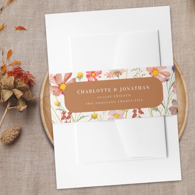 Terracotta Boho Floral Fall wedding  Invitation Belly Band (Beige terracotta Boho floral fall custom Wedding belly bands watercolor wildflowers elegant rustic)