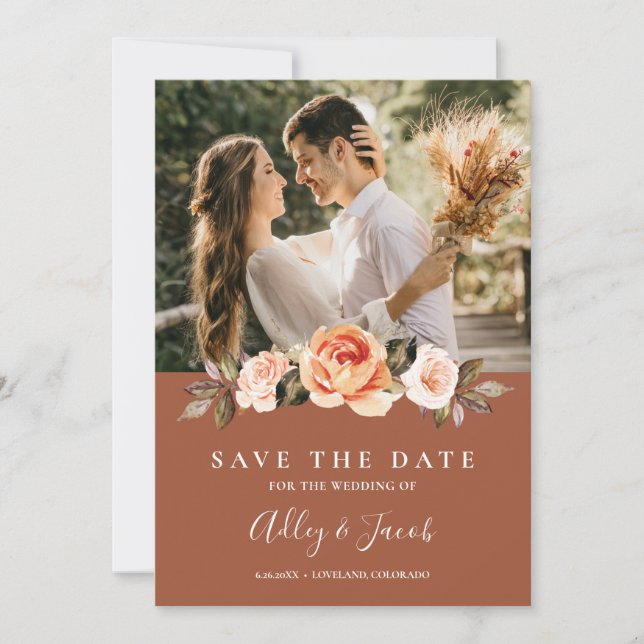 Terracotta Boho Floral Photo Wedding Save The Date (Front)