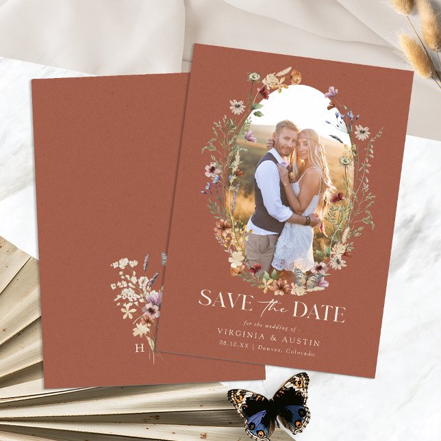 Terracotta Boho Floral Save The Date (Terracotta Boho Floral Save The Date Photo Monogram by Painted Paperie
)