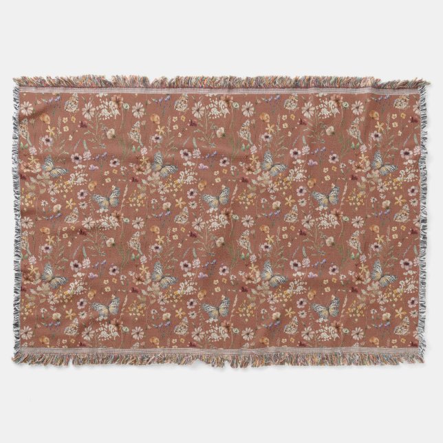 Terracotta Boho Floral Throw Blanket (Front)