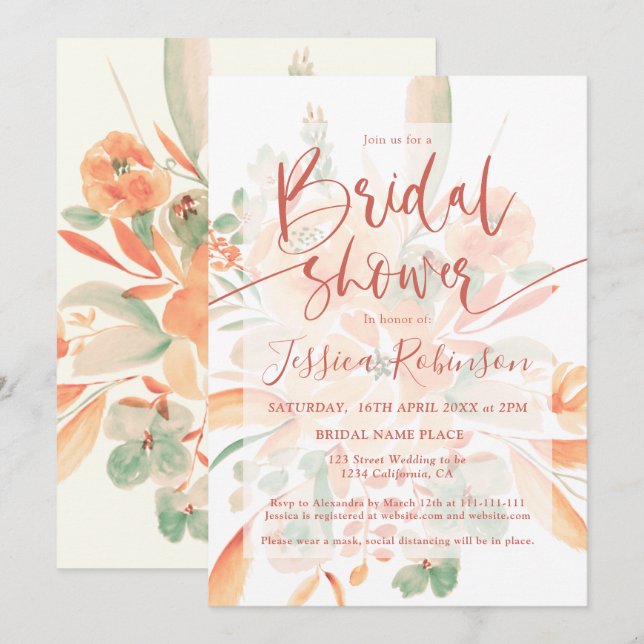 Terracotta boho floral watercolor bridal shower in invitation (Front/Back)