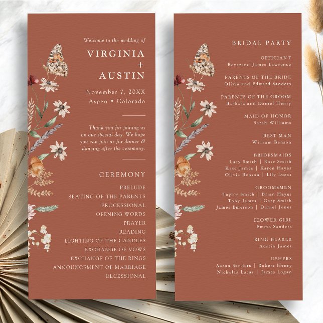 Terracotta Boho Floral Wedding Programme (Terracotta Boho Floral Wedding Program with Butterfly by Painted Paperie
)