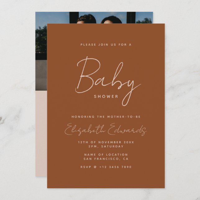 Terracotta Boho Minimal Photo QR Code Baby Shower Invitation (Front/Back)