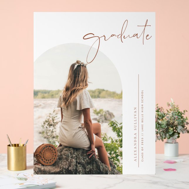 Terracotta Boho Minimalist Arch Photo Graduation Acrylic Sign (Wedding)