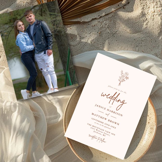 Terracotta Boho Minimalist Botanical Photo Wedding Invitation (Creator Uploaded)