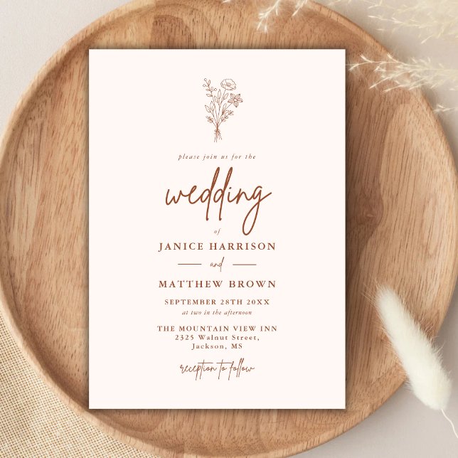 Terracotta Boho Minimalist Botanicals Wedding Invitation (Creator Uploaded)