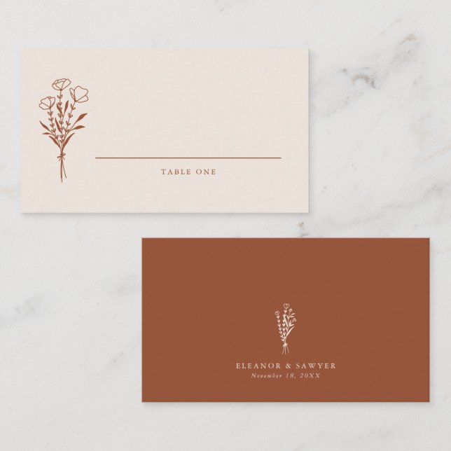 Terracotta Boho Minimalist Botanicals Wedding Place Card (Front/Back)