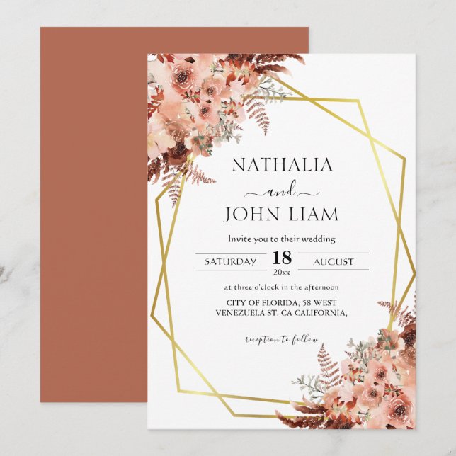 Terracotta Boho Pampas Geometric Gold Wedding Invitation (Front/Back)