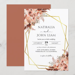 Terracotta Boho Pampas Geometric Gold Wedding Invitation