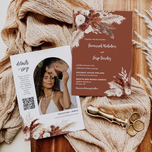 Terracotta Boho Pampas Grass Arch Photo QR Code Invitation (Creator Uploaded)