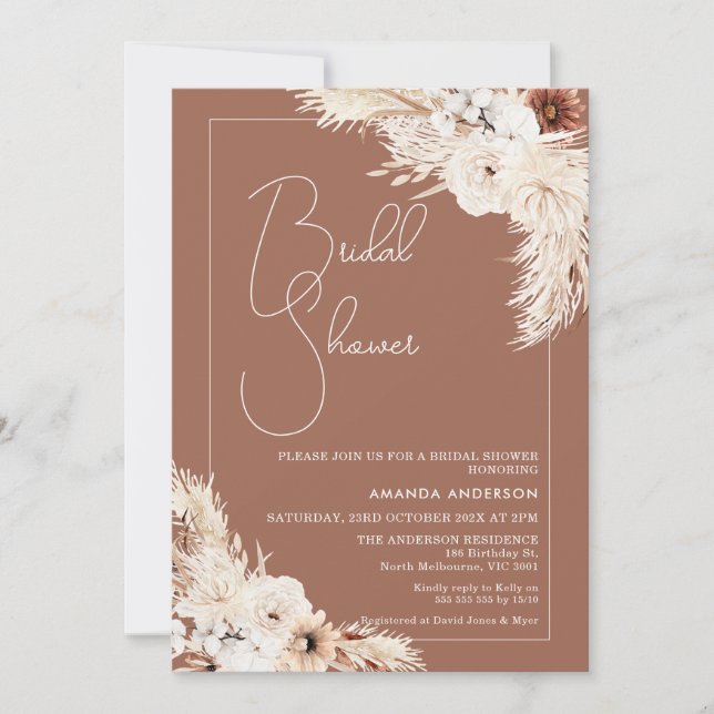 Terracotta Boho Pampas Grass Bridal Shower Invitation (Front)
