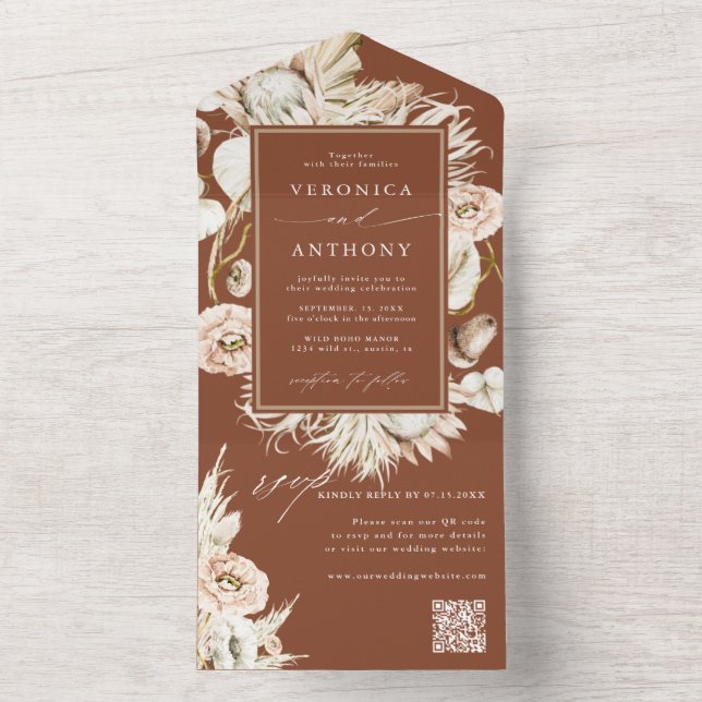 Terracotta Boho Pampas Grass Wedding QR Code All In One Invitation (Inside)