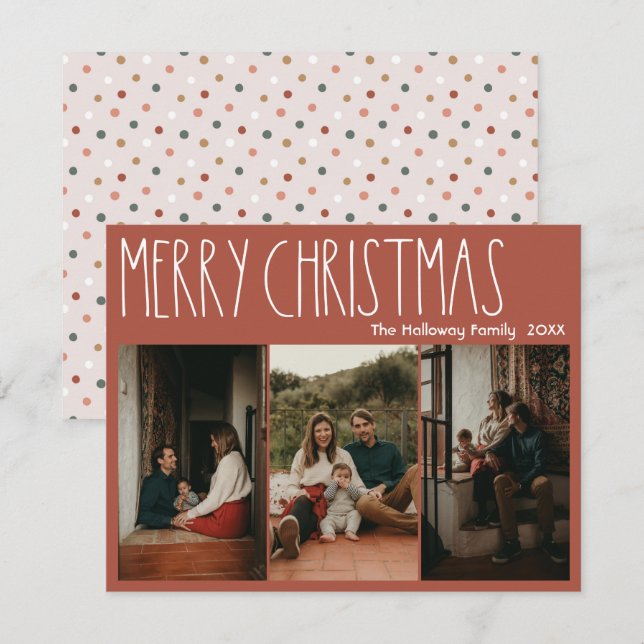 Terracotta Boho Polka Dot Christmas Three-Photo Holiday Card (Front/Back)