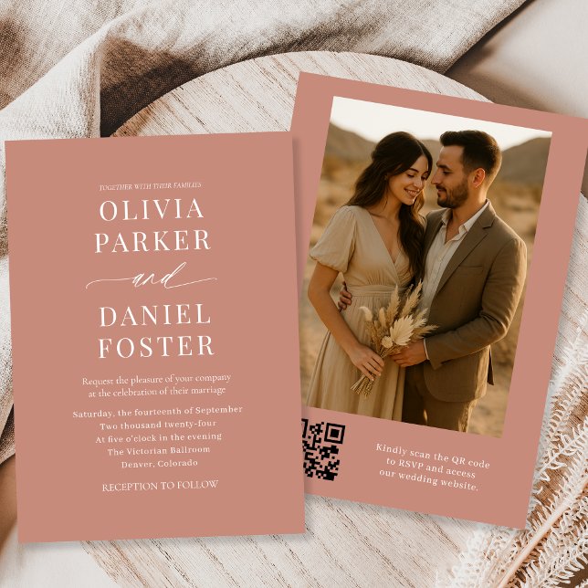 Terracotta Boho QR Code Elegant Photo Wedding Invitation (Creator Uploaded)
